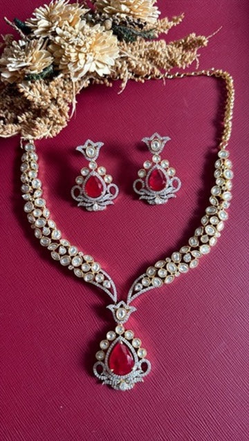 Kundan and American Diamond stonework on ruby red necklace