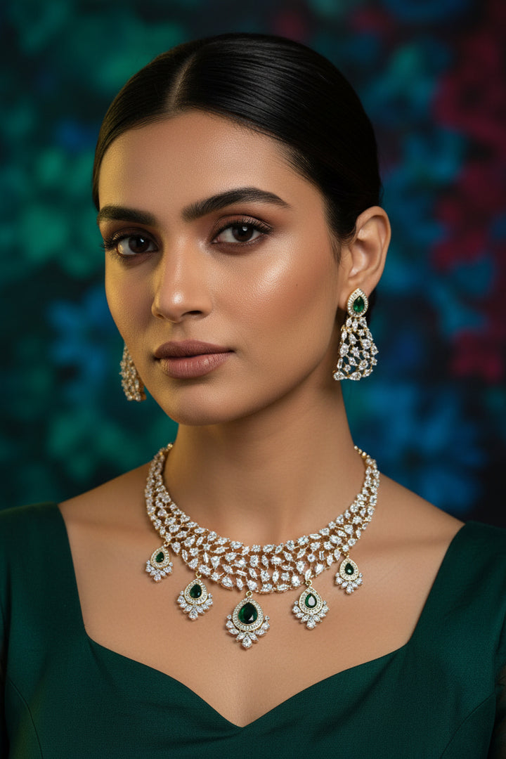 Suchitra Diamond Necklace Set - Green
