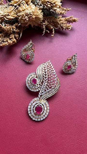 Gold-tone ruby red American Diamond pendant set from Hema Collections