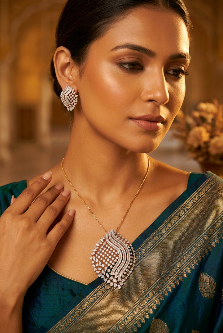 Sana American Diamond wave pendant set with matching earrings