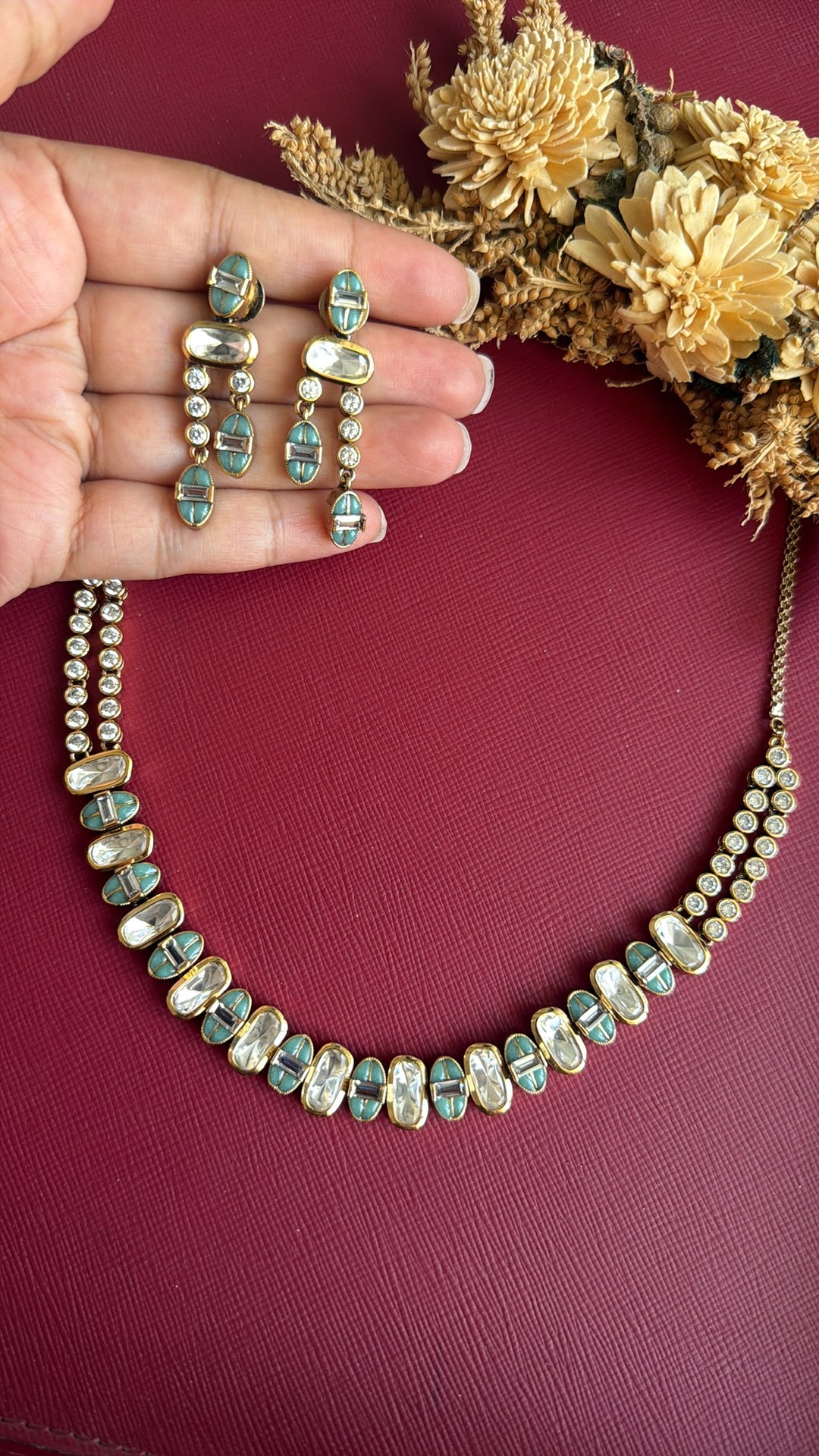 Siya Kundan Necklace Set - Sea Green