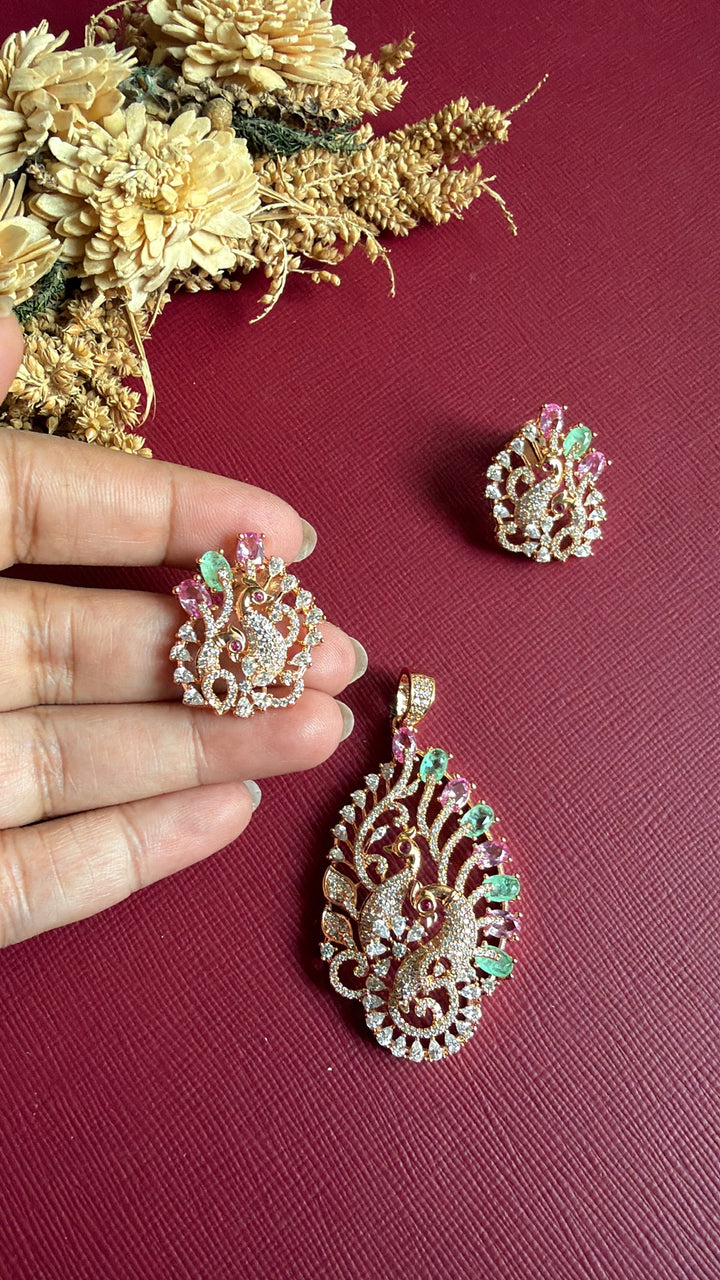 Emaan rose gold twin peacock pendant with matching peacock studs
