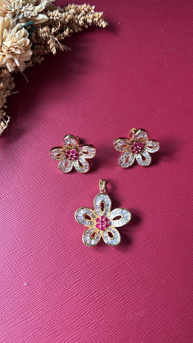 Pushpa Diamond Pendant Set - Red