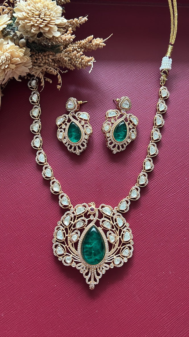 Morni Kundan Necklace Set - Green