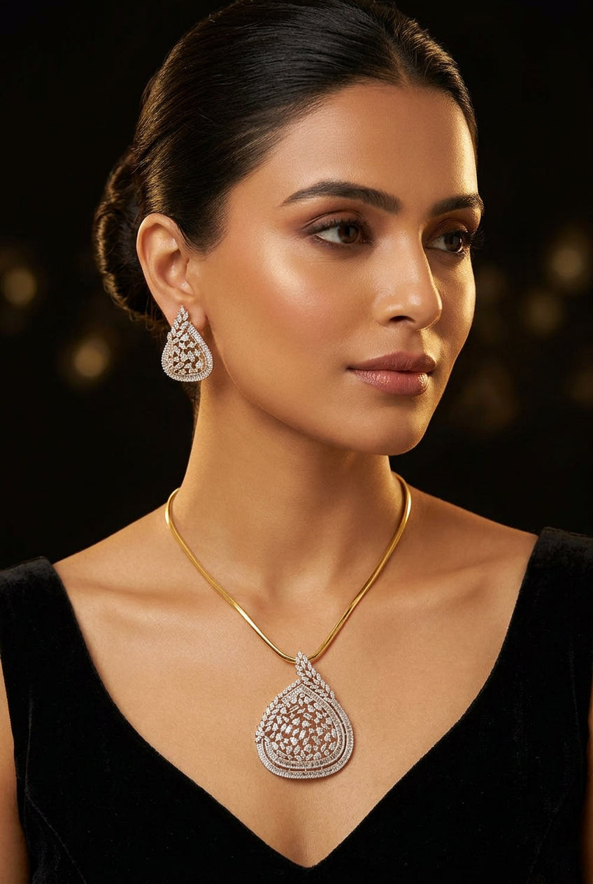Anagha American Diamond teardrop pendant set with matching earrings