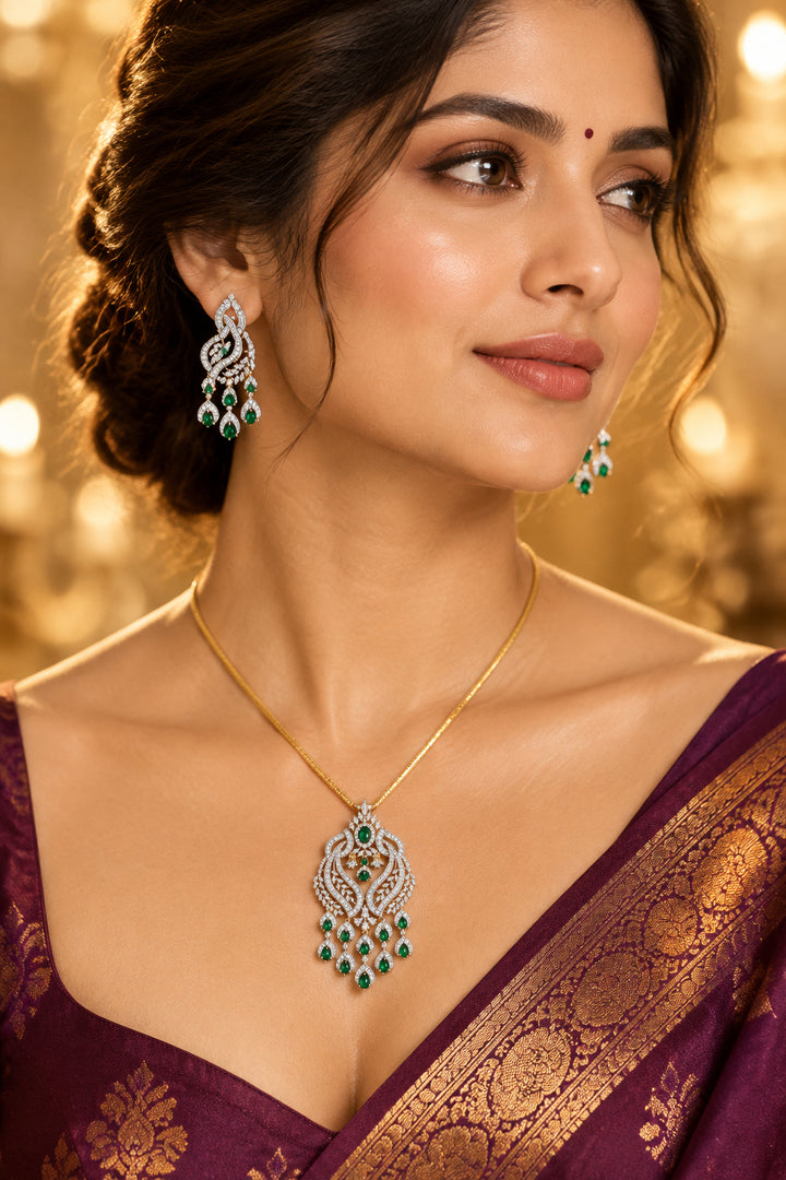 Green centre stone diamond pendant set in Ganga Jamuna dual polish with matching earrings