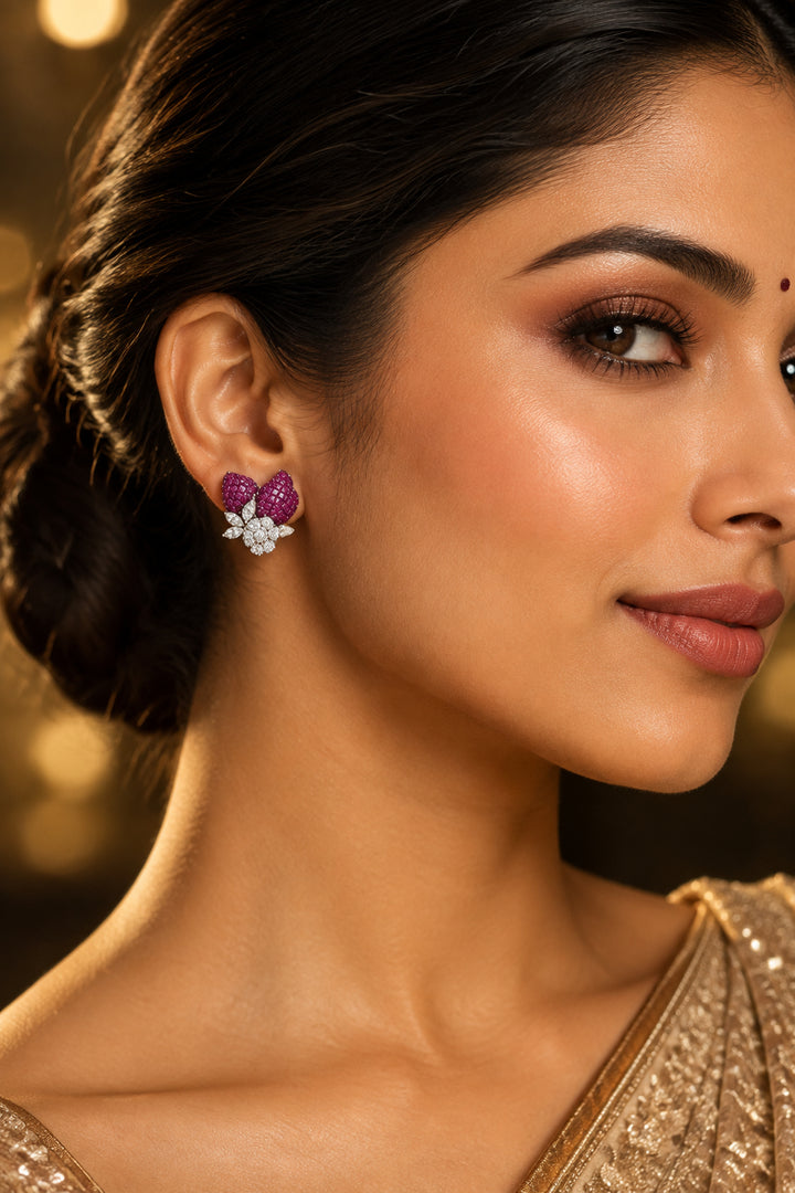 Hannah ruby-red flower stud earrings with American Diamond halo in silver polish
