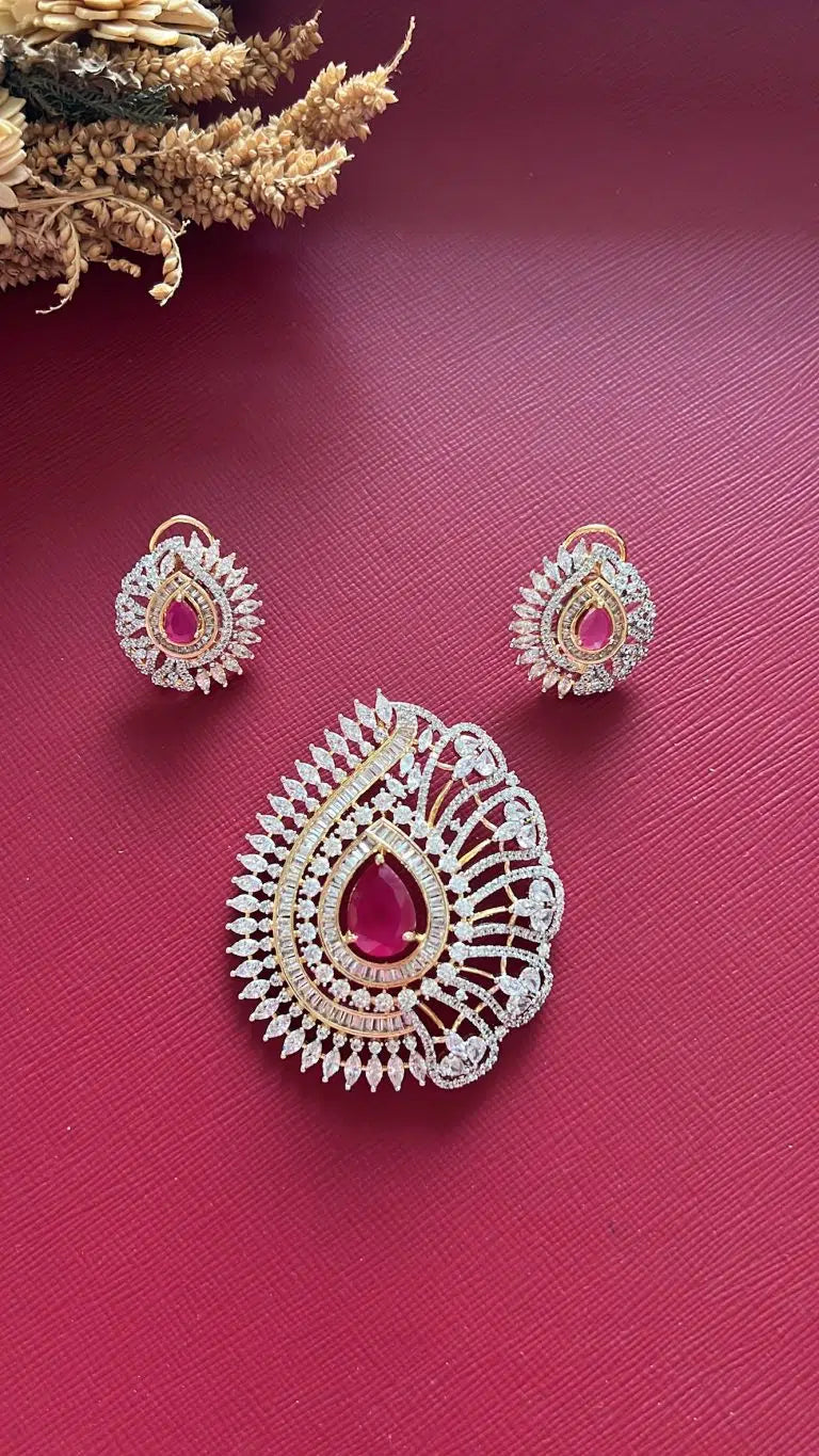 Gold-tone ruby red American Diamond pendant set from Hema Collections