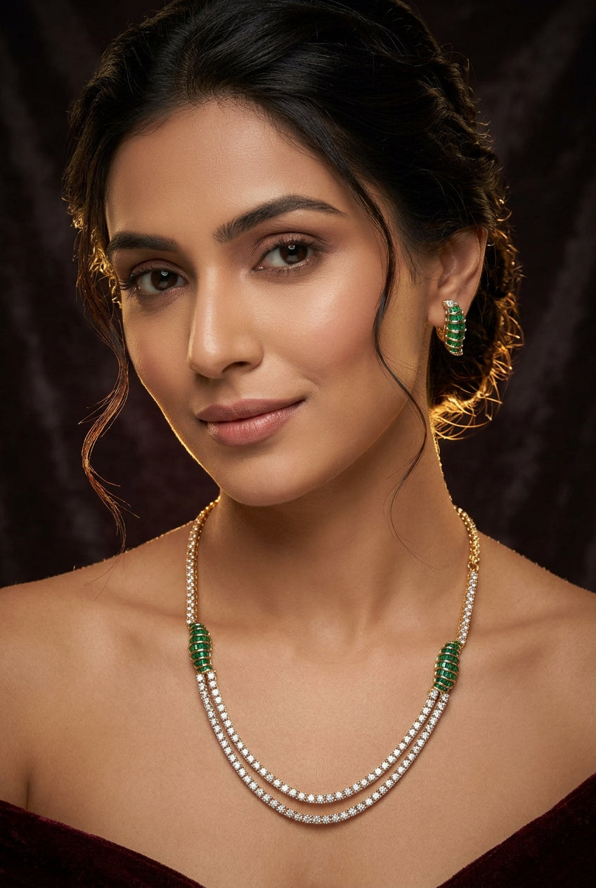 Eliana two-layer American Diamond necklace with green baguette side motifs and studs