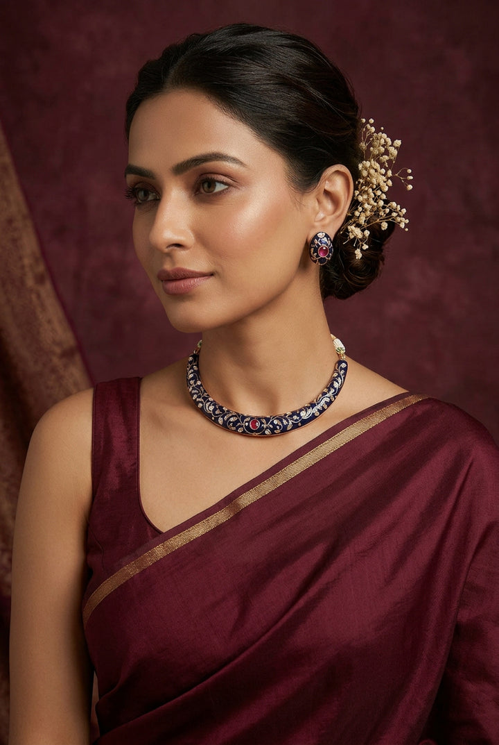 Anushree royal-blue meenakari hasli set with matching studs