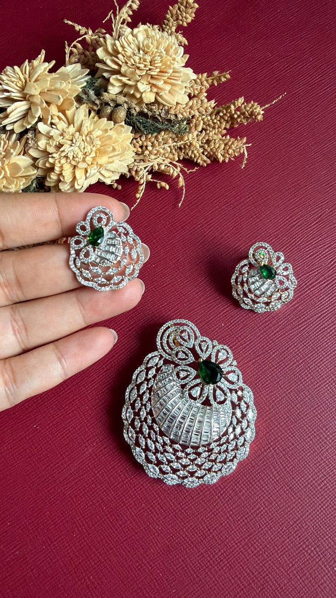 Gold-tone green American Diamond pendant set from Hema Collections