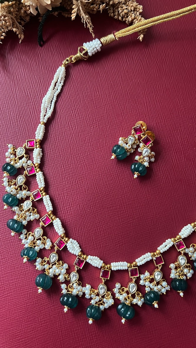 Ruby &amp; Emerald Beaded Kundan Necklace Set