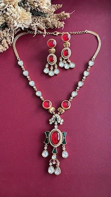 Ruby-Red Stone Traditional Necklace Set