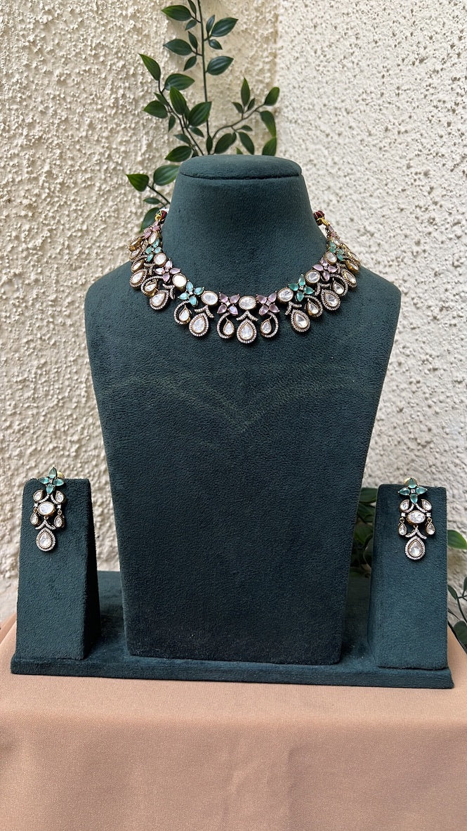 Minal Kundan Necklace Set - Pink Mint