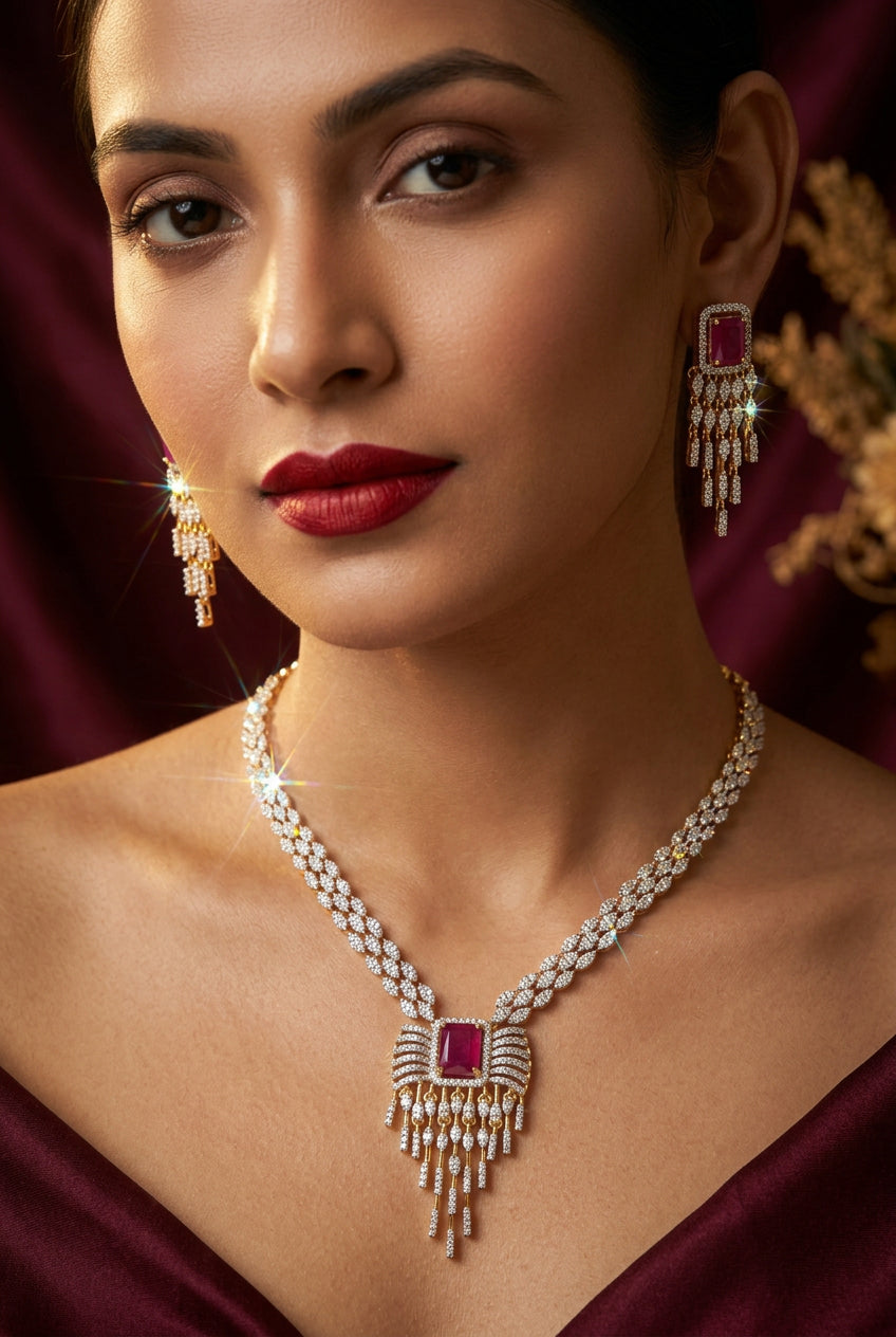 Khurmi ruby-pink American Diamond fringe necklace set with matching earrings