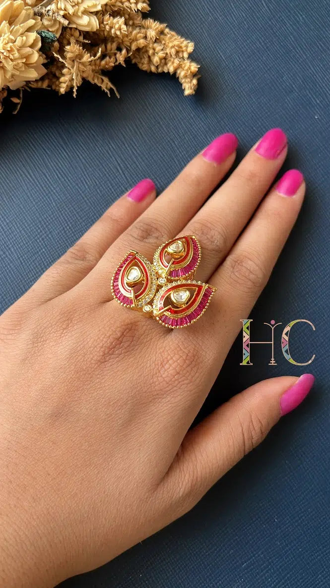 Leaf Kundan Ring (Red+Red)