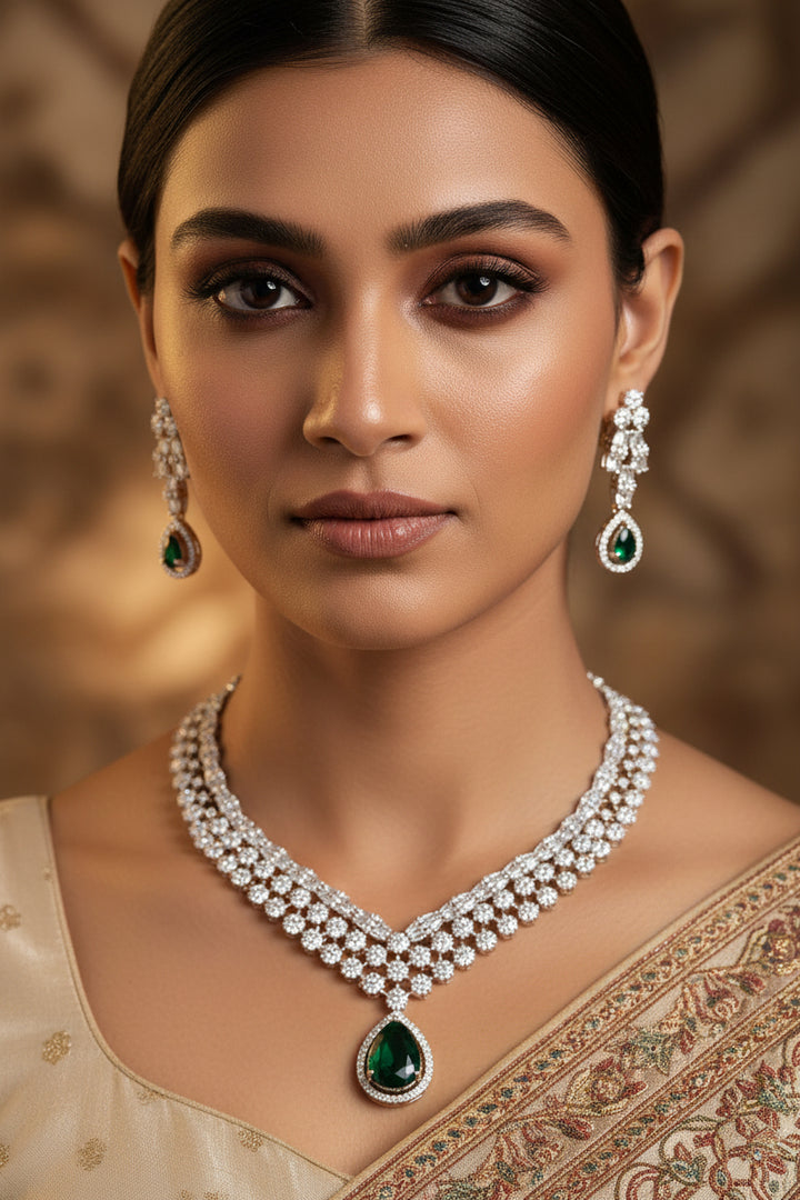 Vrinda Diamond Necklace Set - Green