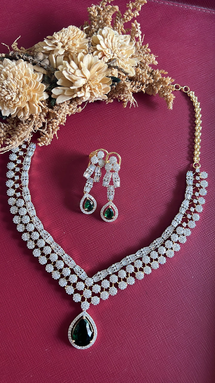 Vrinda Diamond Necklace Set - Green