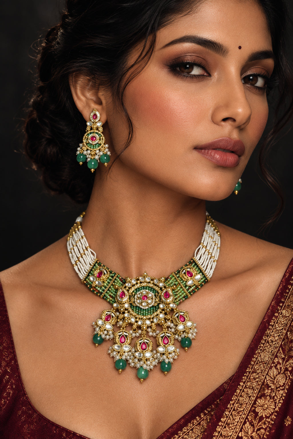 Arvika green and white kundan-style necklace set with earrings in gold polish