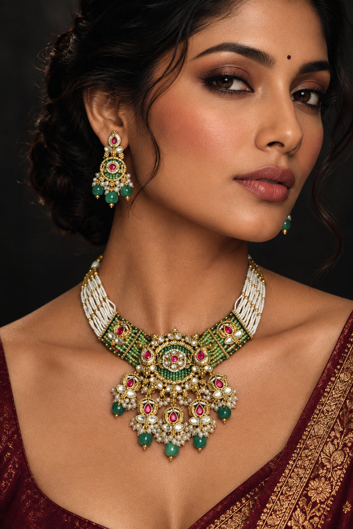 Arvika green and white kundan-style necklace set with earrings in gold polish