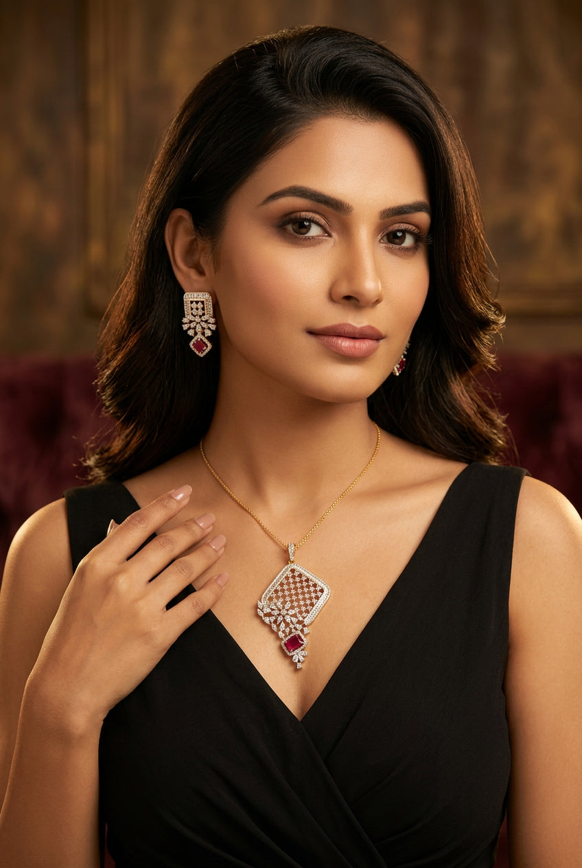 Clara dual-tone ruby-pink and white American Diamond lattice pendant set