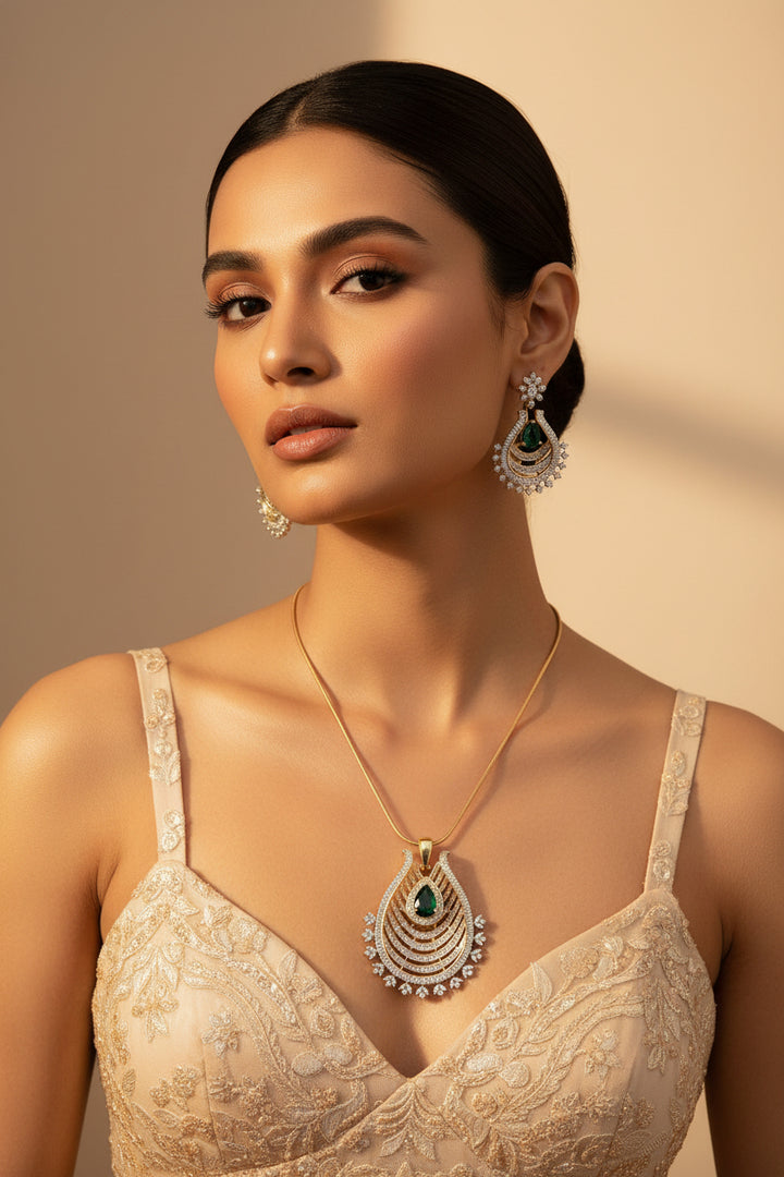 Alankrita Diamond Pendant Set - Green
