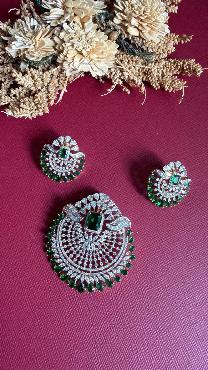 Rushika emerald-green and white American Diamond pendant set with earrings