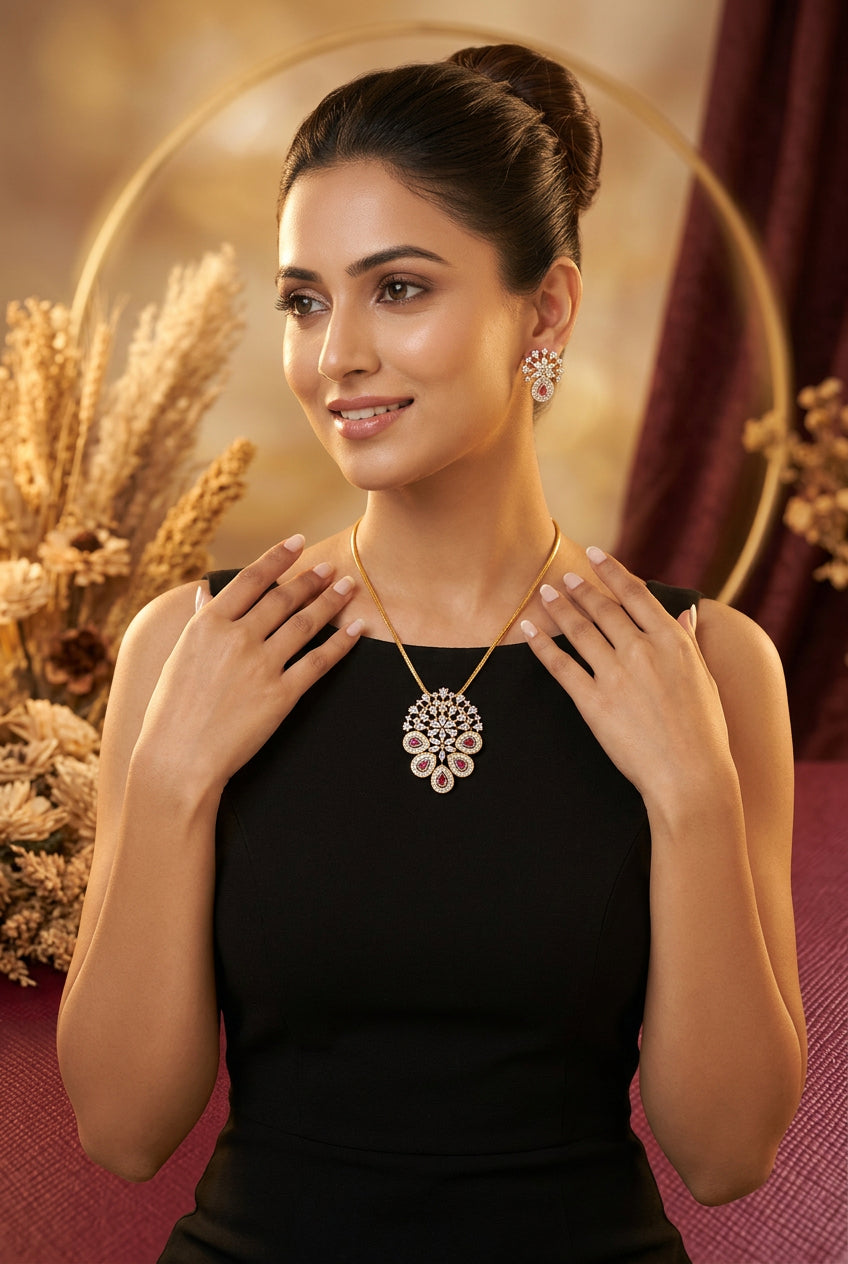Kanika ruby-pink and white American Diamond pendant set with earrings