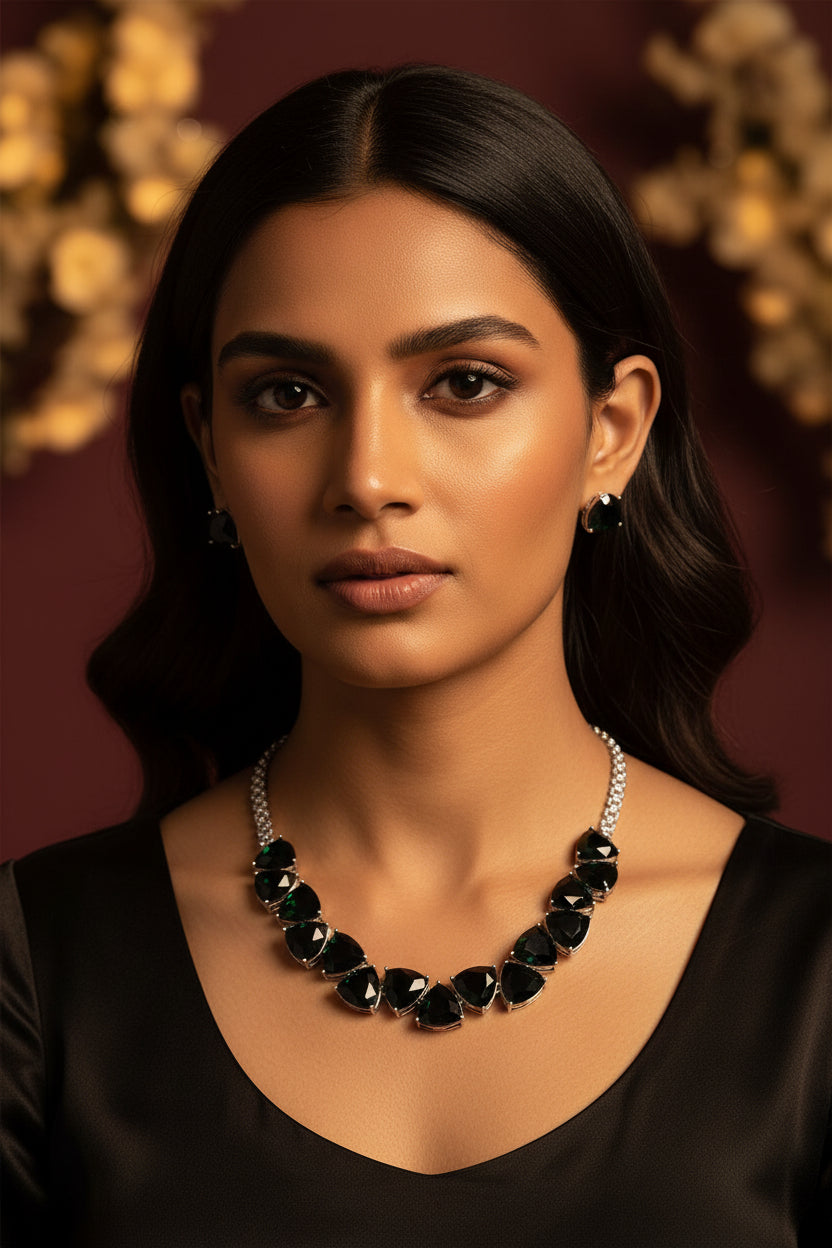 Cushion Cut Tringle Coloured Stone necklace Set- Dark Green