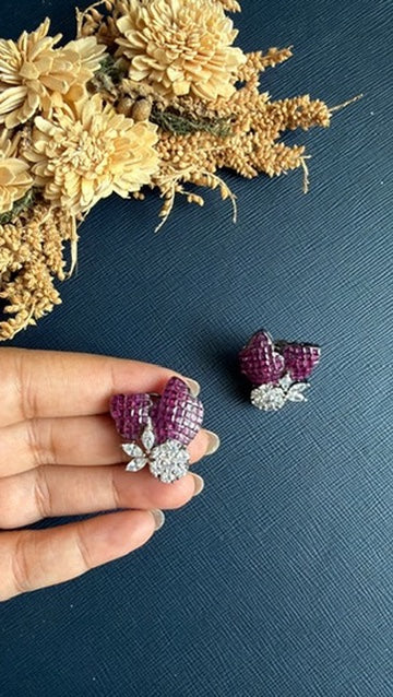 Ruby and American Diamond flower stud earrings for festive and party wear