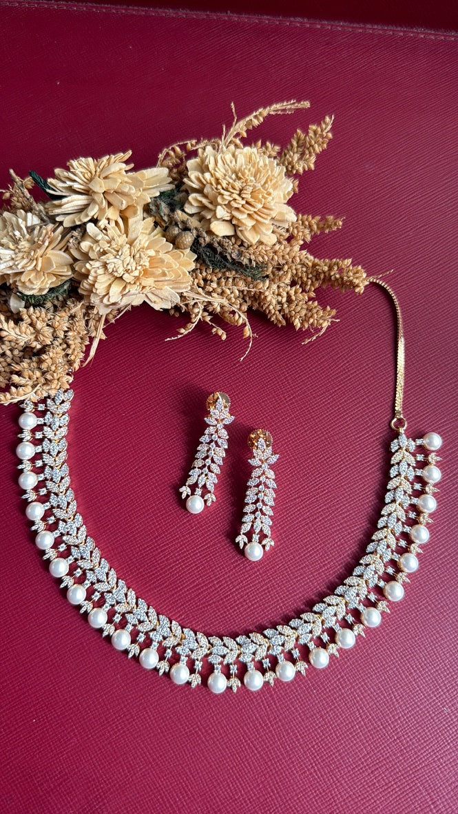 Irish dual-tone American Diamond necklace with marquise leaves and pearl-look fringe