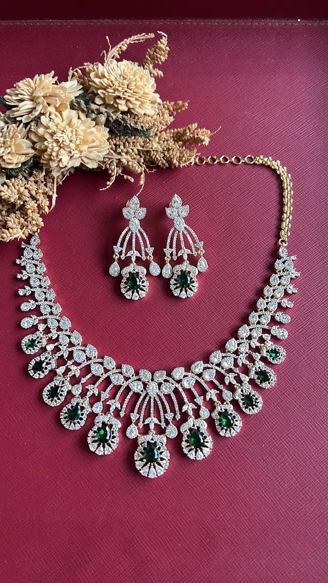 Gurnaz Diamond Necklace Set - Green