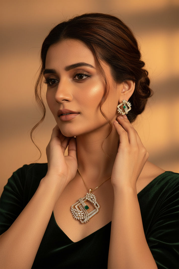 Gazaal Diamond Pendant Set - Green