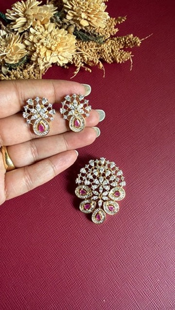 Kanika ruby-pink and white American Diamond pendant set with earrings