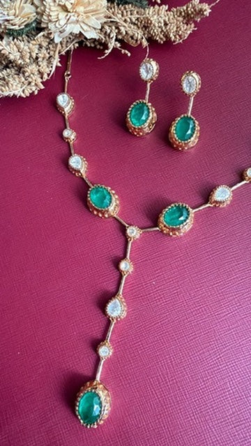 Abeer Y-shaped Kundan necklace with oval emerald-green stones and white Kundan on a fine gold-toned chain, with matching drop earrings