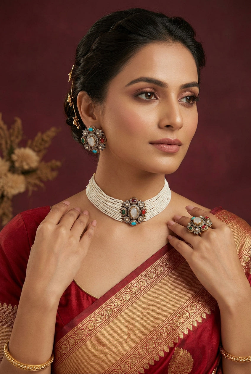 Swatika Victorian multi-colour choker set with earrings and ring
