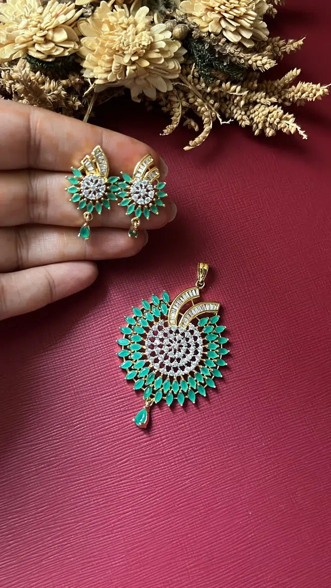 Gold-tone green American Diamond pendant set from Hema Collections