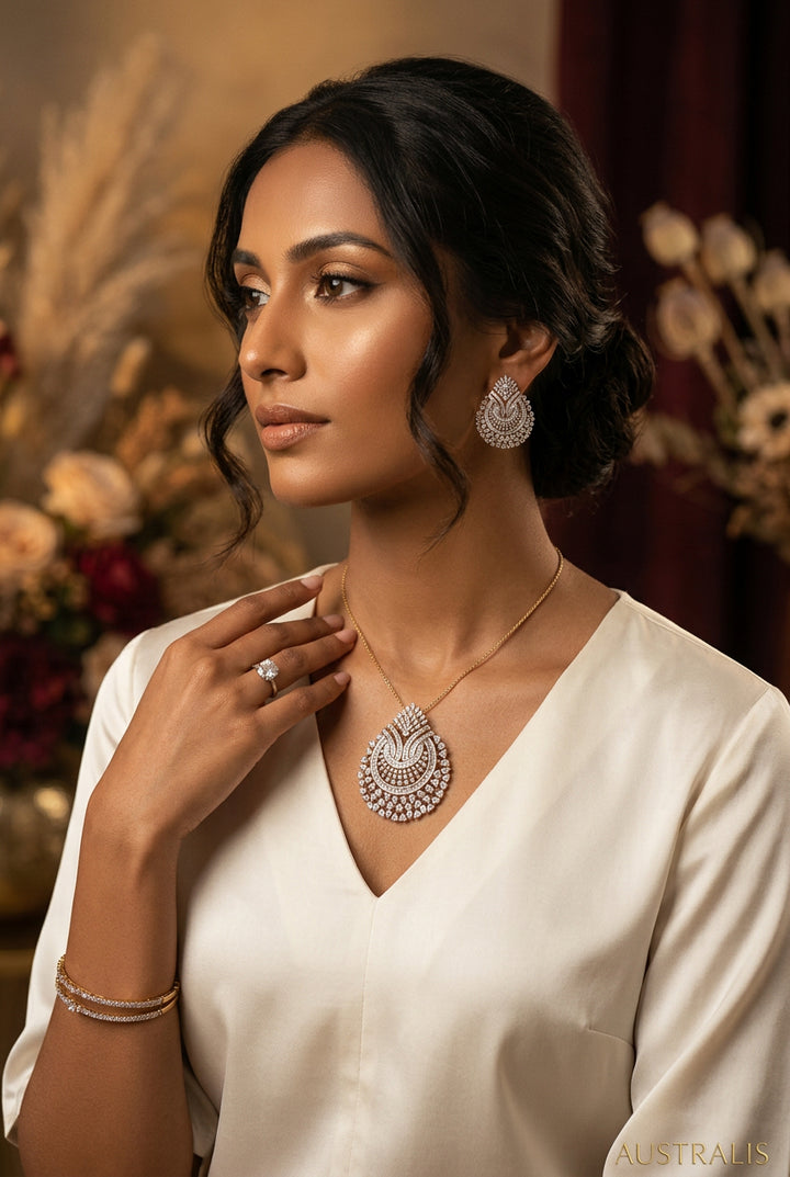 Needhi white American Diamond pendant and earrings set