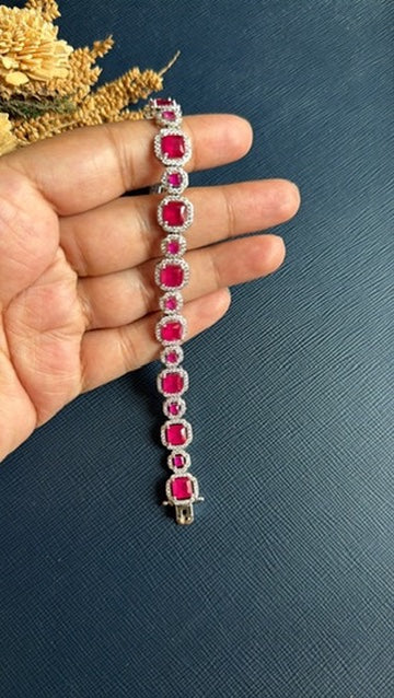 Silver-toned AD tennis bracelet for women, festive and party wear, Hema Collections