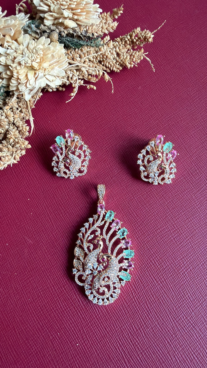 Emaan rose gold American Diamond peacock pendant set flat lay