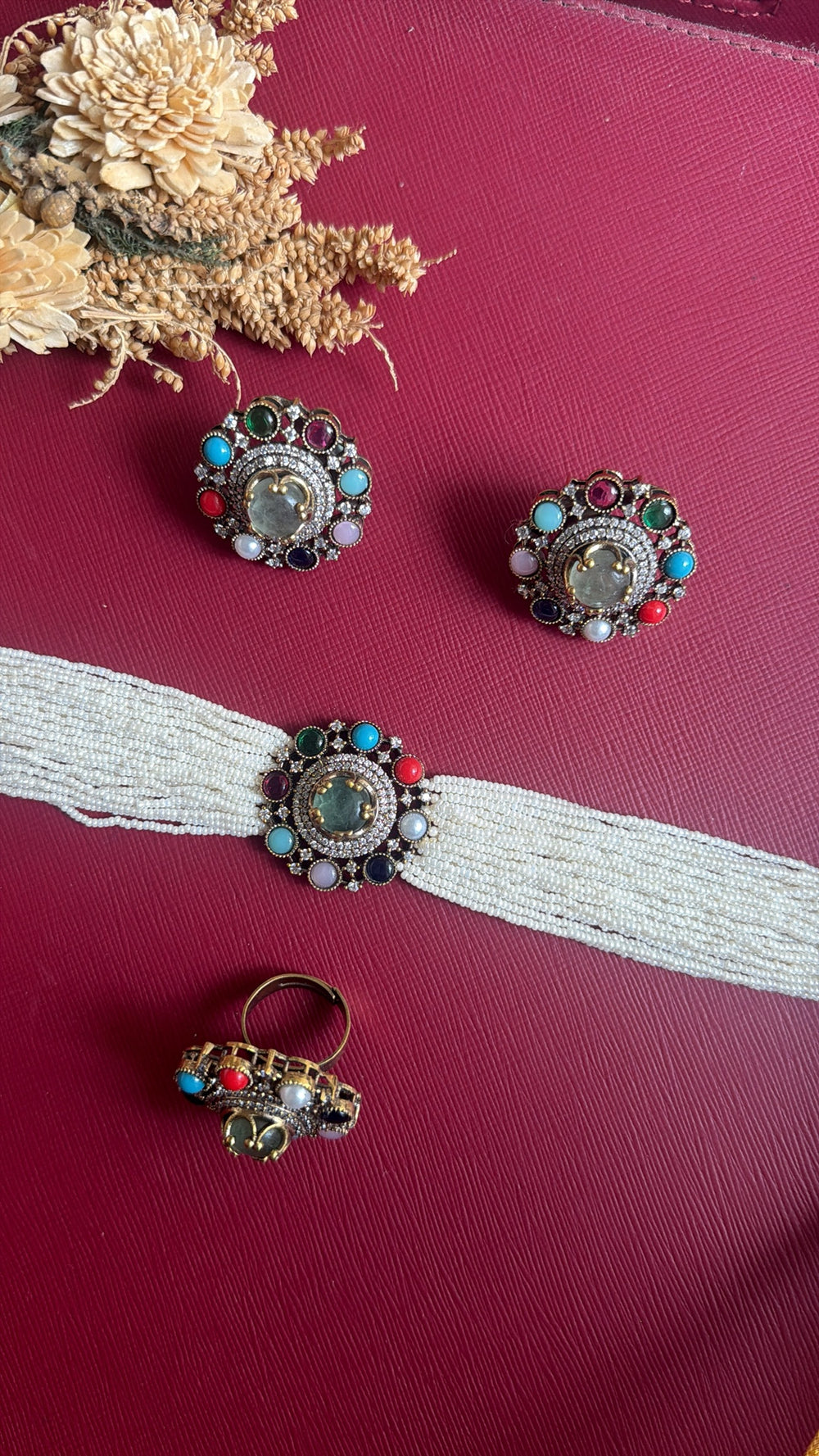 Aditi Victorian multicolour pearl choker set with matching studs and adjustable ring