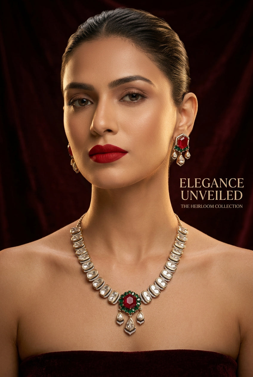 Hansika Victorian Kundan necklace set with ruby-red and emerald-green centre stone