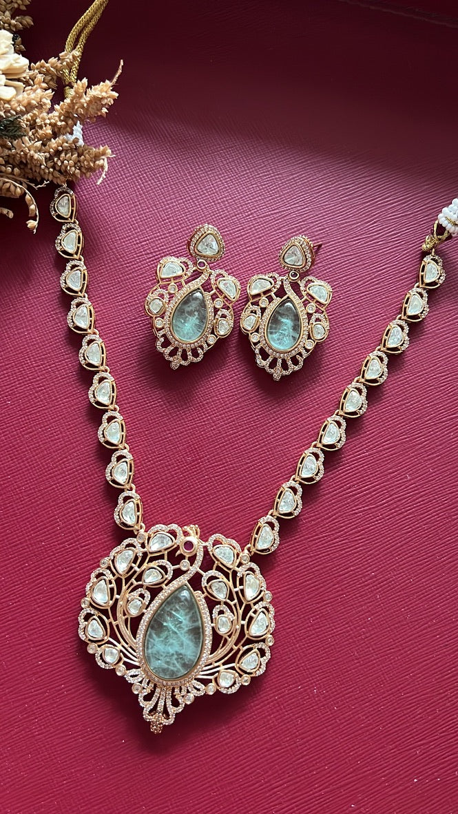 Morni Kundan Necklace Set - Sea Green