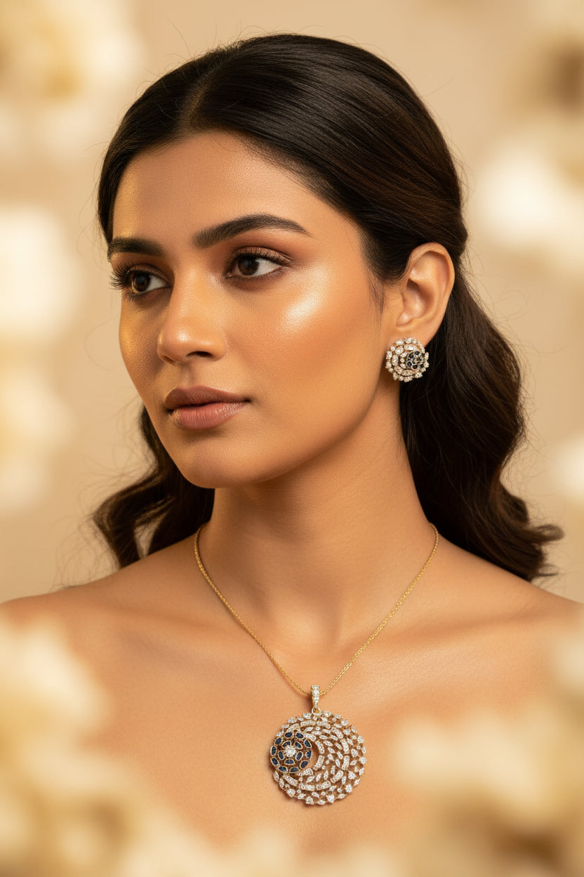 Blue CZ diamond pendant set with matching earrings – party wear