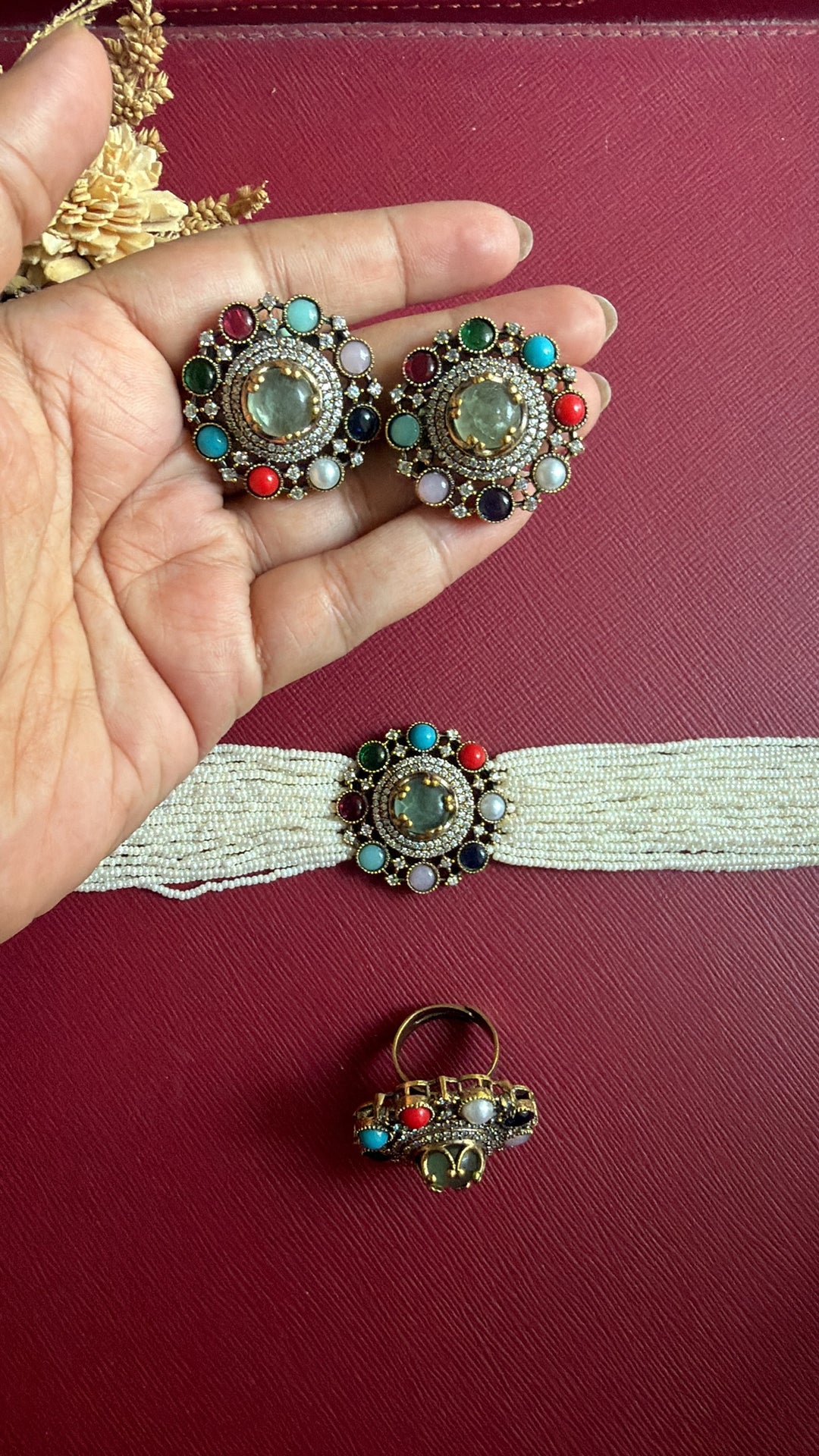 Aditi large round Victorian studs with mint-green centre stone and multicolour stones