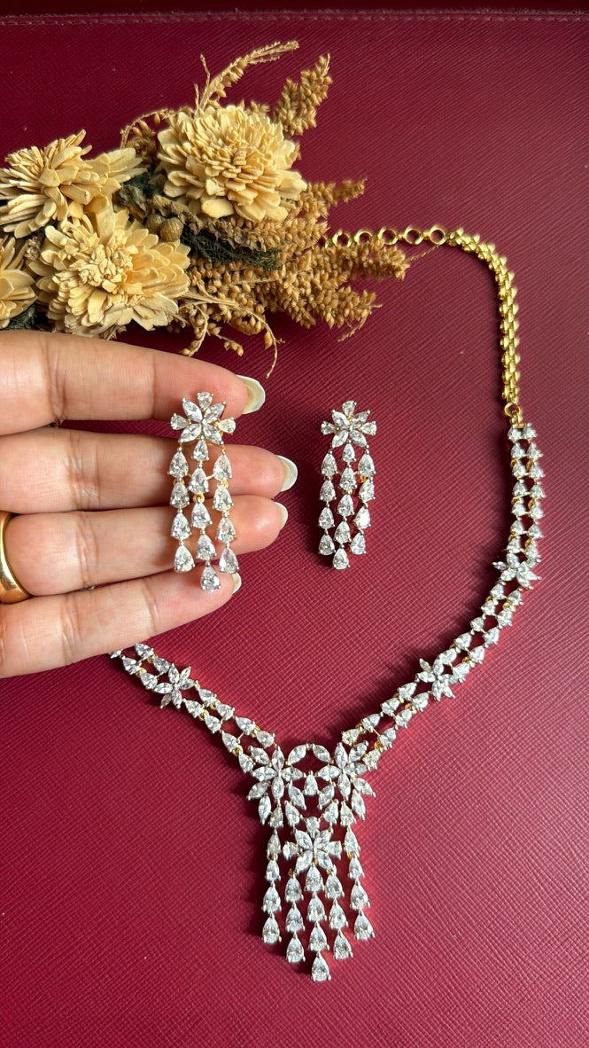 Jyosthna chandelier earrings held in hand to show their size, with the American Diamond necklace beside them