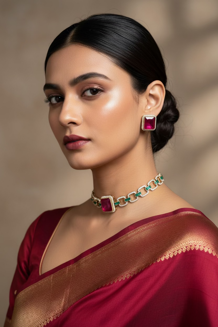Meena Diamond Choker Set -Ruby