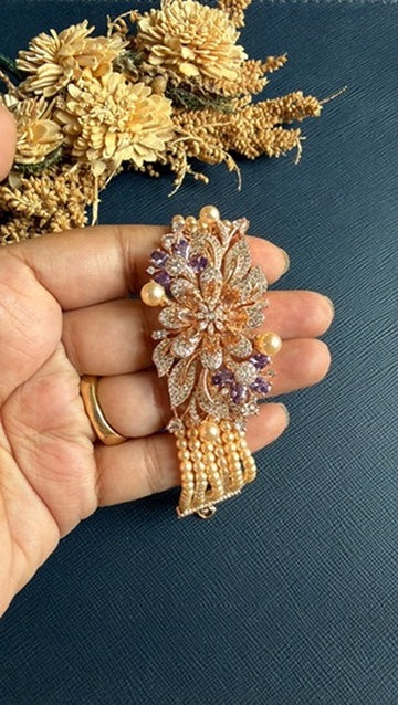 Adjustable rose gold pearl bracelet with purple stones for weddings, Hema Collections