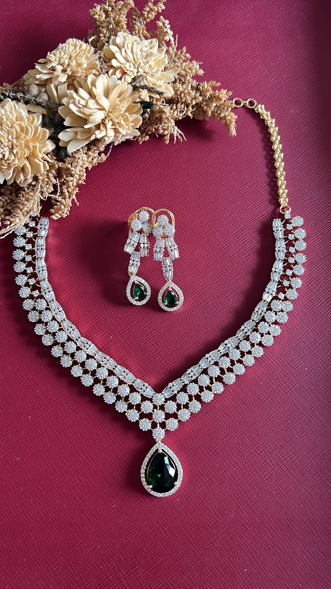 Vrinda Diamond Necklace Set - Green