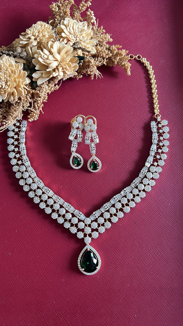 Vrinda Diamond Necklace Set - Green